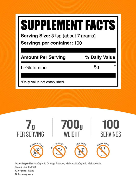 BulkSupplements L-Glutamine Orange Smash scoop shows convenient 7 g serving.