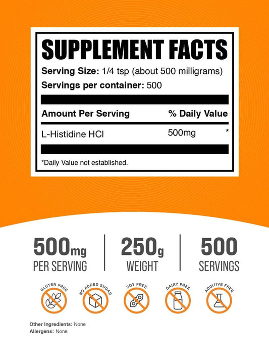 BulkSupplements L-Histidine HCl powder scooped for easy mixing in shakes.