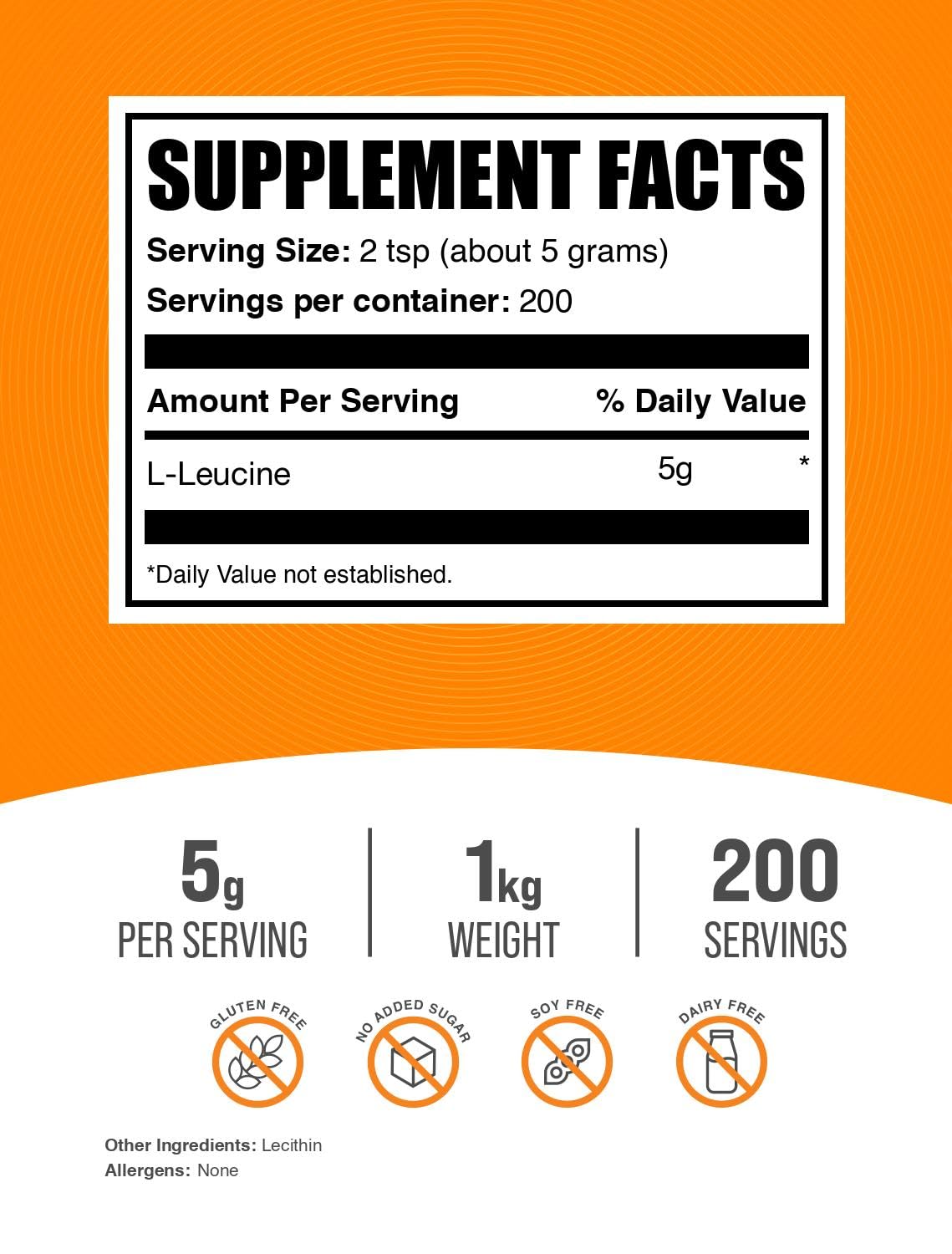 L-Leucine powder with scoop showing precise 5 g servings for daily use.