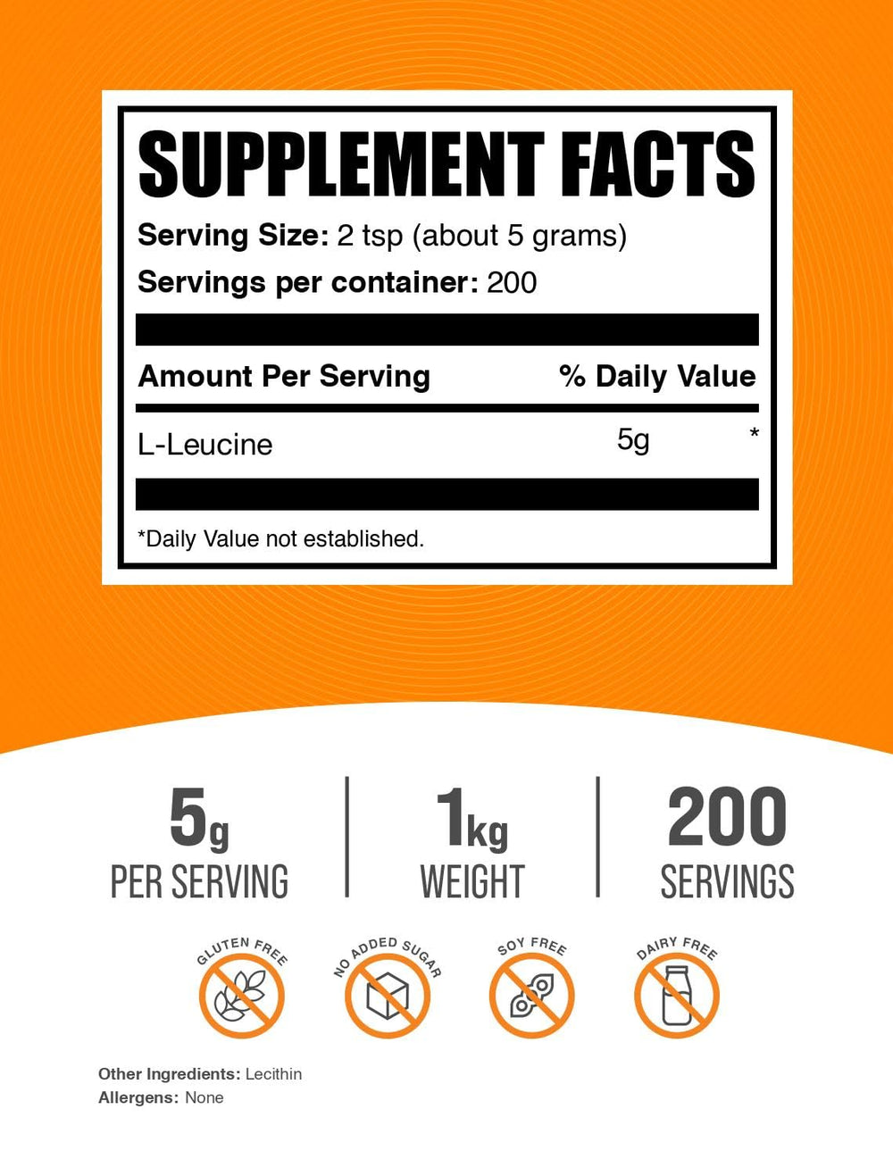 L-Leucine powder with scoop showing precise 5 g servings for daily use.