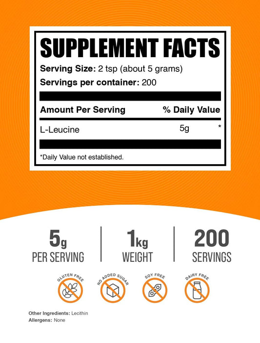 L-Leucine powder with scoop showing precise 5 g servings for daily use.