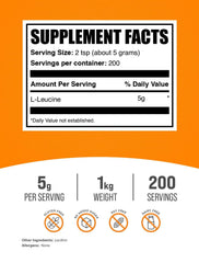 L-Leucine powder with scoop showing precise 5 g servings for daily use.