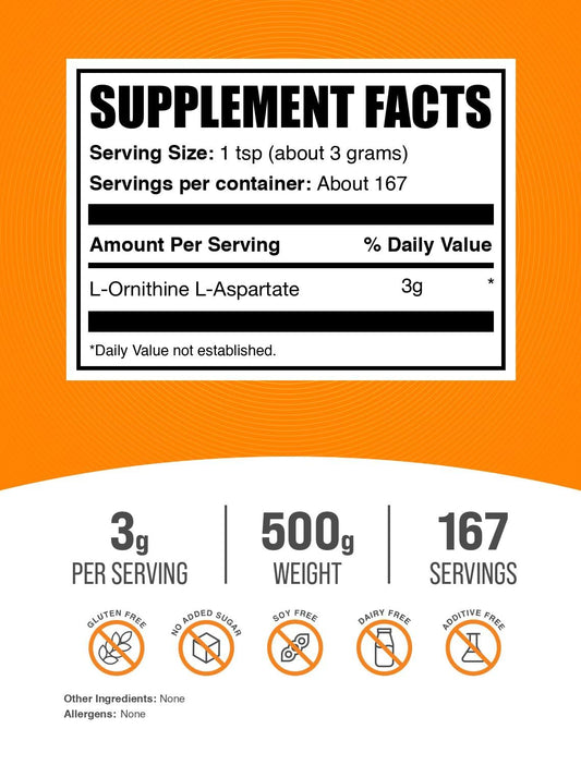 BulkSupplements L-Ornithine L-Aspartate powder with scoop, illustrating easy, flexible dosing