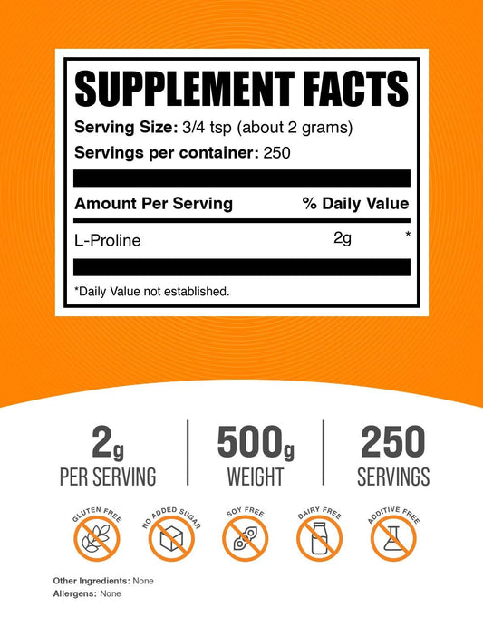 BulkSupplements L-Proline powder container labeled with a 2 g serving size.