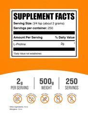 BulkSupplements L-Proline powder container labeled with a 2 g serving size.