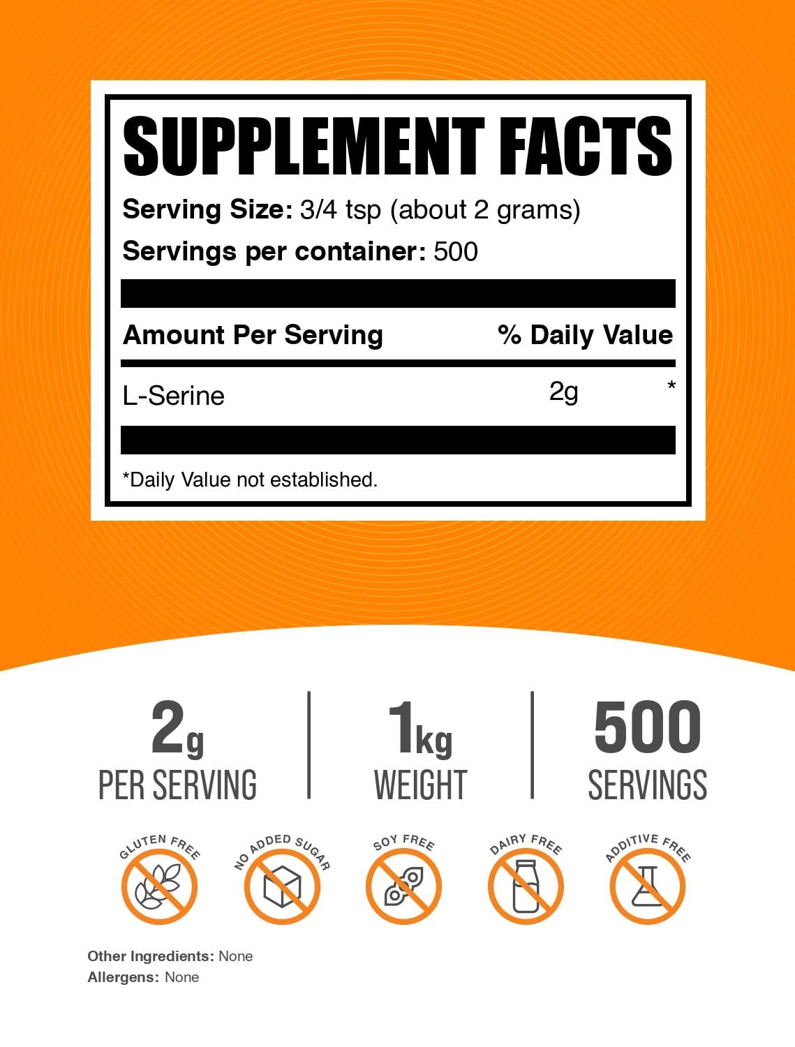 Bulksupplements L-Serine powder bottle front showing gluten-free formula.