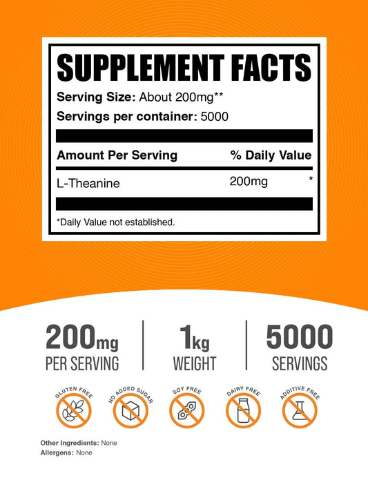 BulkSupplements L-Theanine powder with scoop for precise servings.