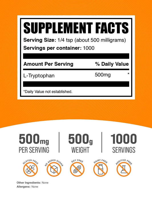 BulkSupplements L-Tryptophan powder gluten-free formula for dietary needs