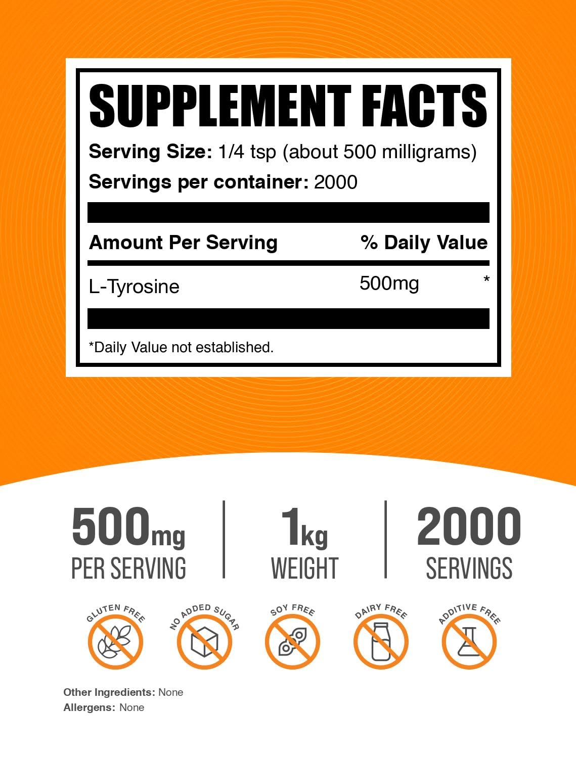 Bulksupplements L-Tyrosine powder scoop beside the jar for easy portioning.