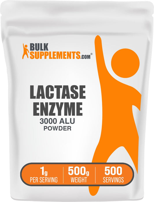 BulkSupplements Lactase Enzyme powder bottle with 3000 ALU per gram for dairy-friendly use.