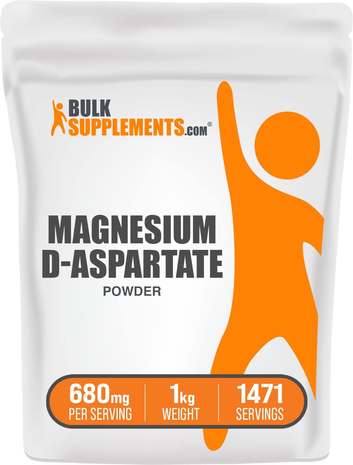 BulkSupplements Magnesium D-Aspartate powder bag highlights pure, gluten-free magnesium for daily use.