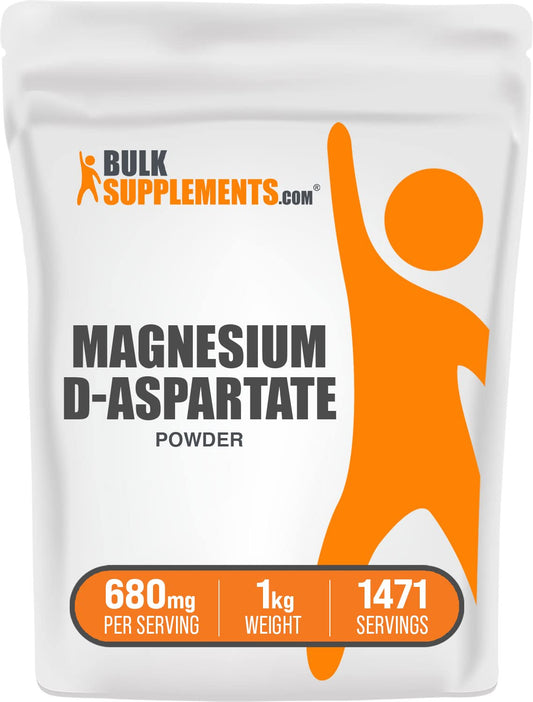 BulkSupplements Magnesium D-Aspartate powder bag highlights pure, gluten-free magnesium for daily use.