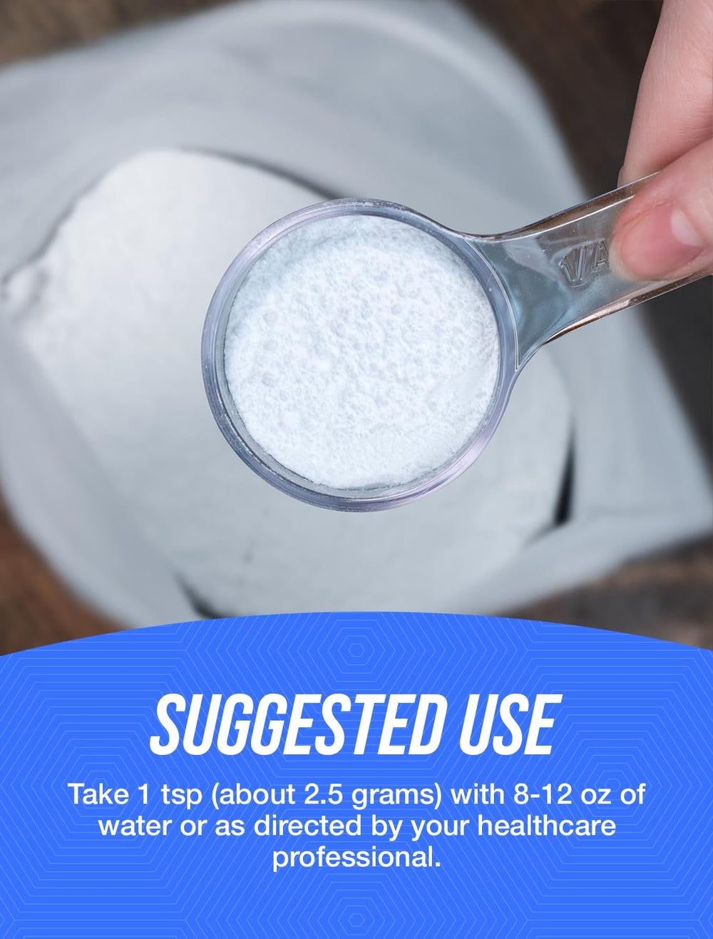 Pouring BulkSupplements Magnesium Malate powder into a glass for a shake.