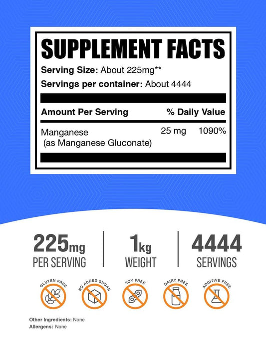 BulkSupplements manganese gluconate powder scoop for precise daily dosing.
