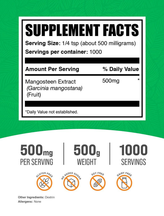 BulkSupplements Mangosteen Extract powder with measuring scoop for precise daily servings.