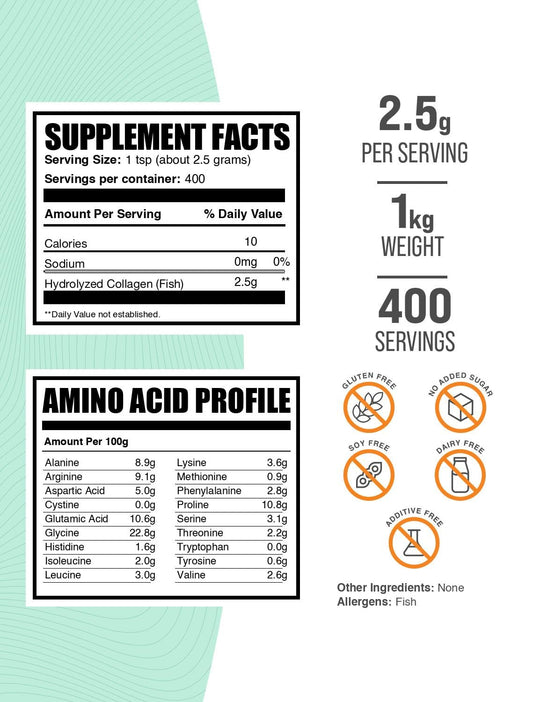 BulkSupplements marine collagen powder jar pouring, easy to blend in shakes