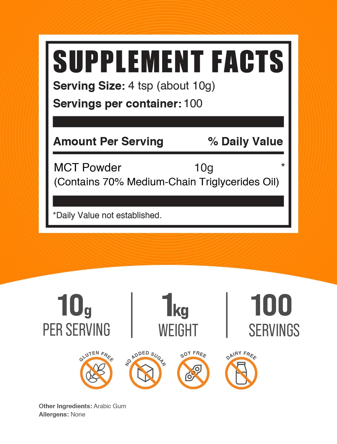 BulkSupplements MCT Powder gluten-free formulation for gluten-sensitive diets.