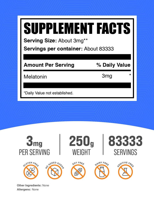 BulkSupplements Melatonin Powder bottle shows vegan, gluten-free sleep support.