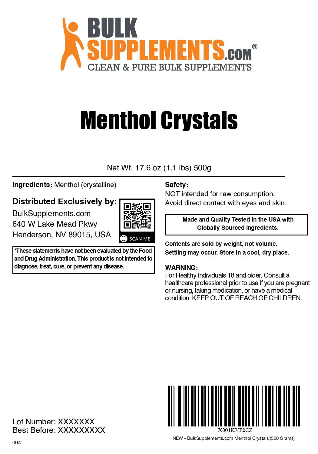 BulkSupplements Menthol Crystal – steam shower aroma for a revitalizing spa-like experience.