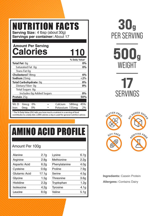 BulkSupplements micellar casein powder unflavored close-up shows smooth texture.