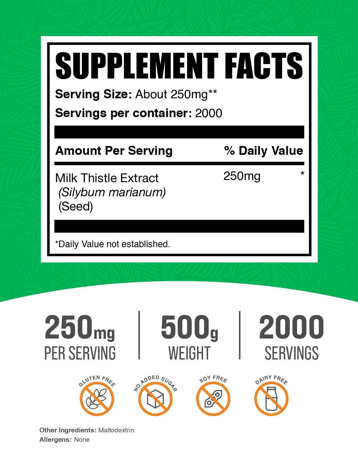 BulkSupplements Milk Thistle Extract Powder label shows 250 mg per serving.