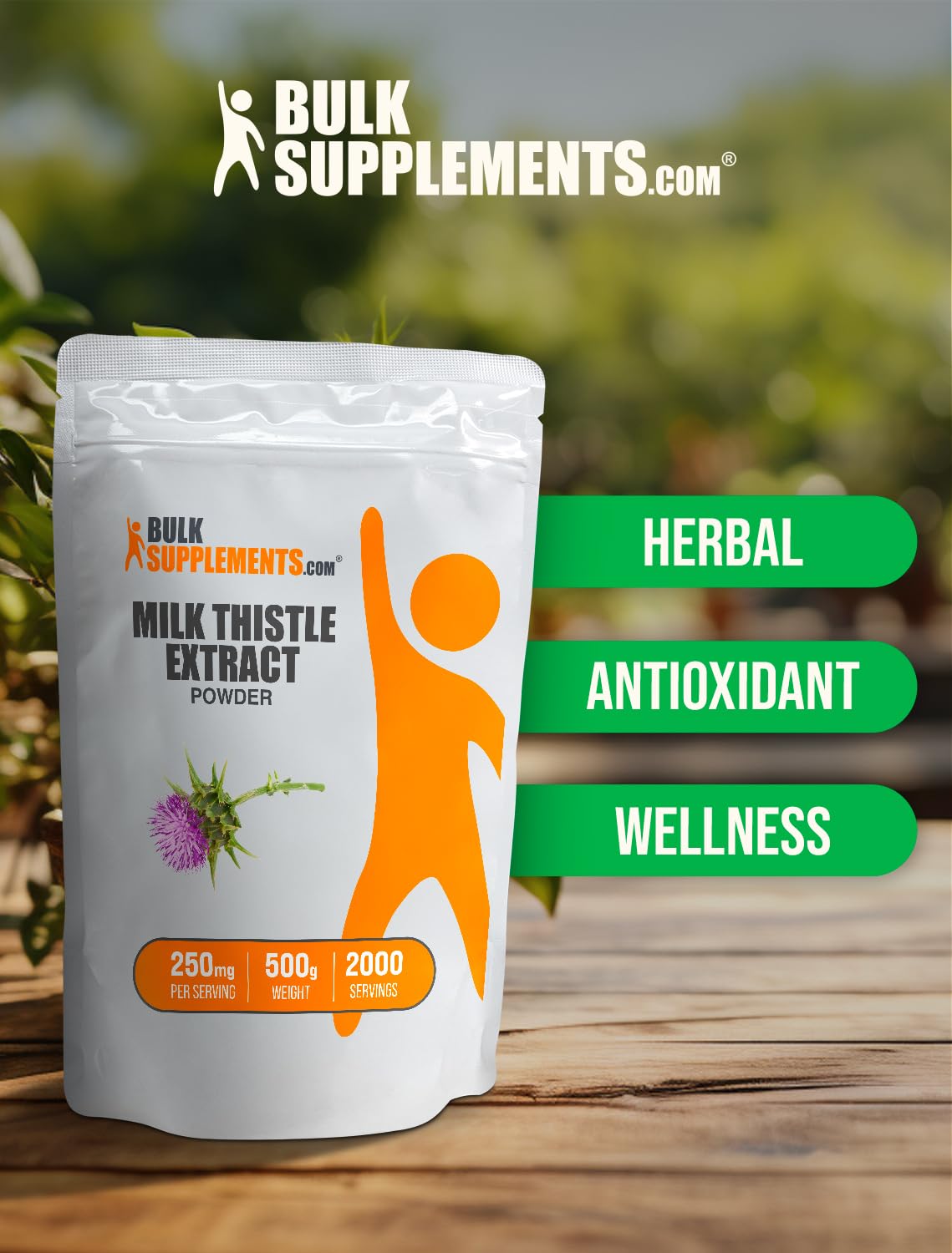 Close-up of BulkSupplements Milk Thistle packaging highlights gluten-free formula.