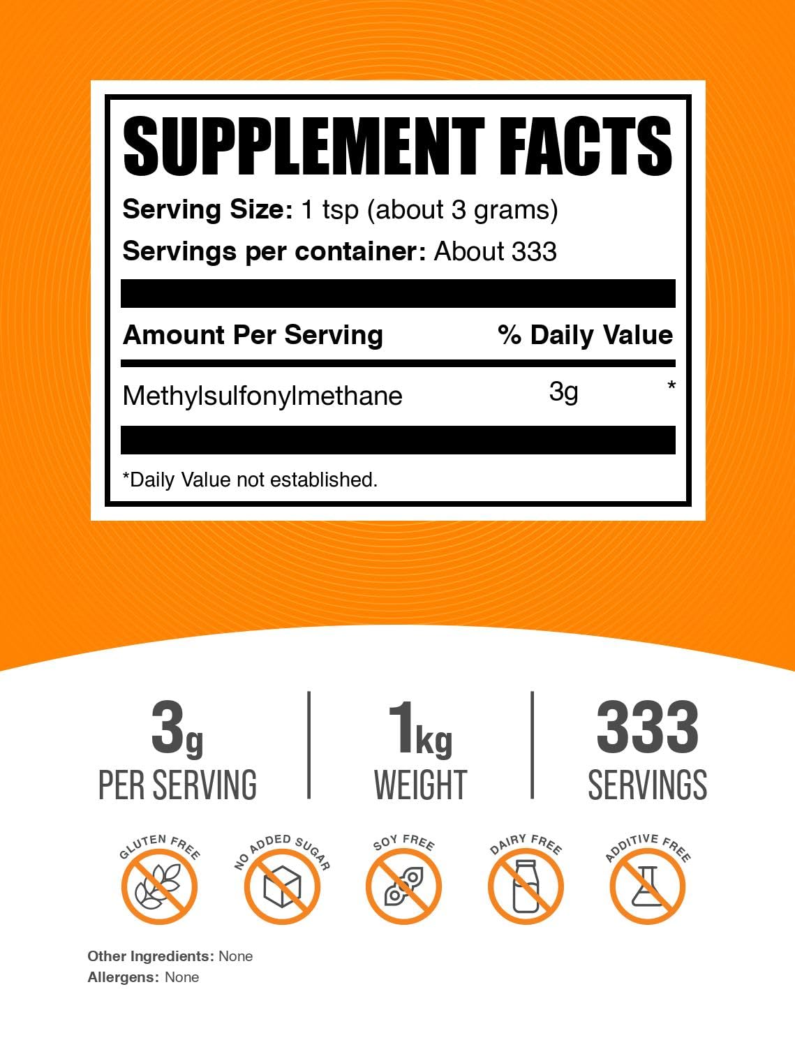 BulkSupplements MSM powder measuring scoop showing 3000 mg per serving.