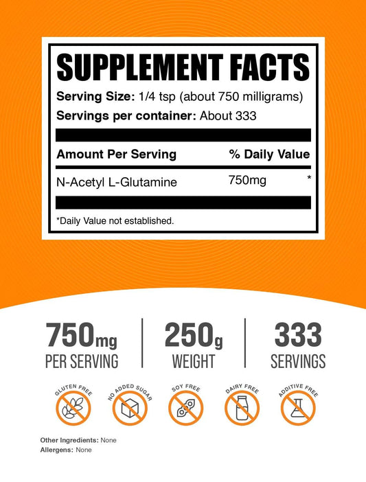BulkSupplements N-Acetyl L-Glutamine powder with a scoop ideal for easy mixing.