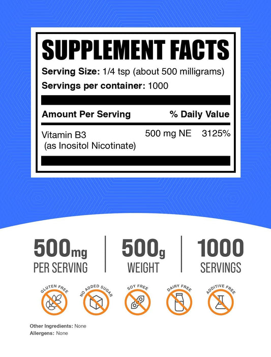 BulkSupplements niacin flush-free powder scoop enables precise daily dosing.