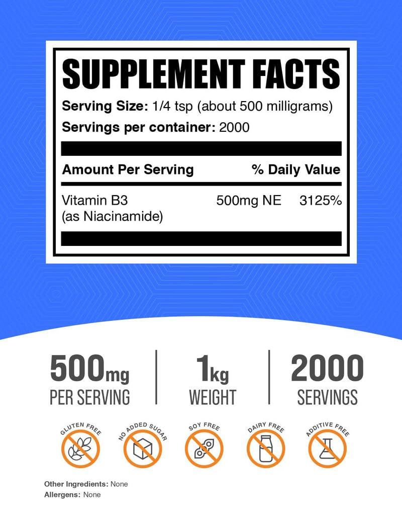 BulkSupplements Niacinamide powder with measuring scoop for precise dosing.