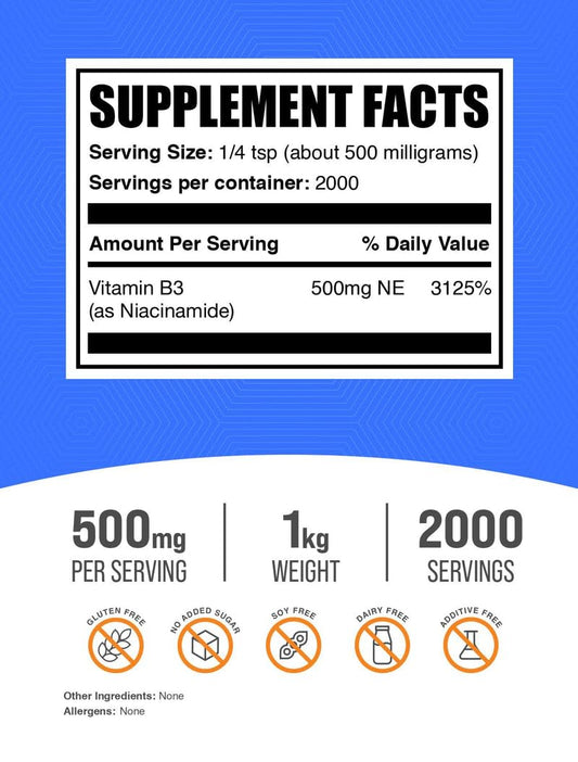 BulkSupplements Niacinamide powder with measuring scoop for precise dosing.