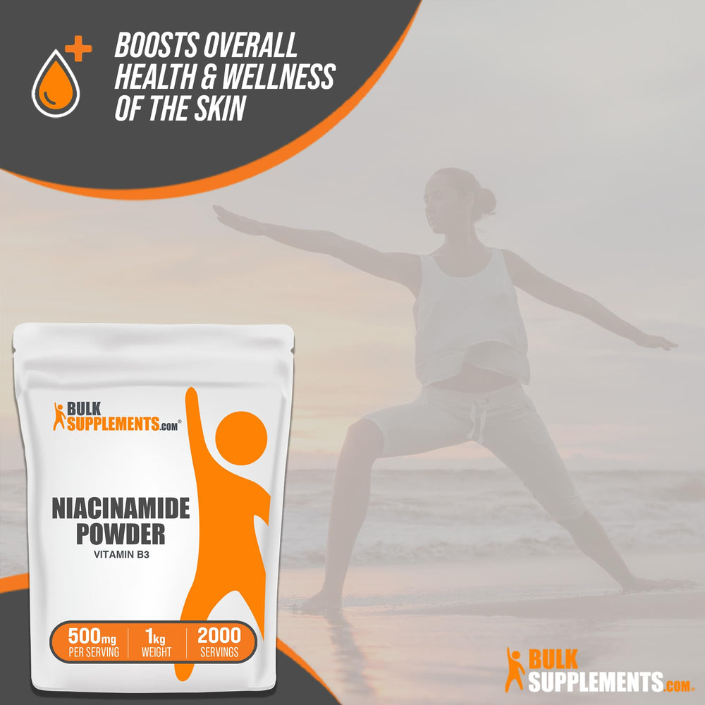 BulkSupplements Niacinamide powder gluten-free badge on packaging.