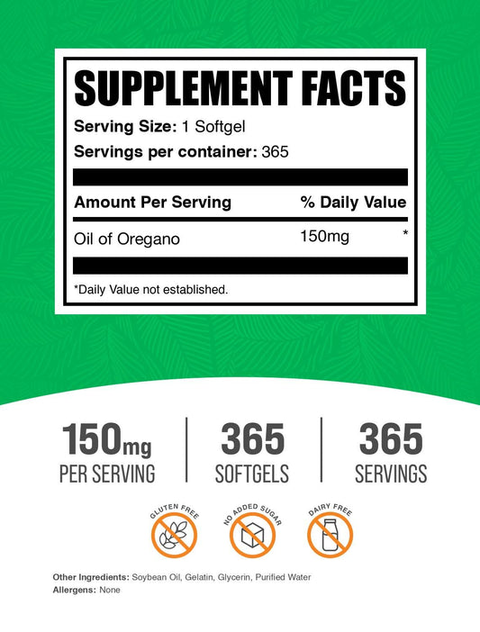 BulkSupplements Oil of Oregano softgels capsule close-up for easy on-the-go use.