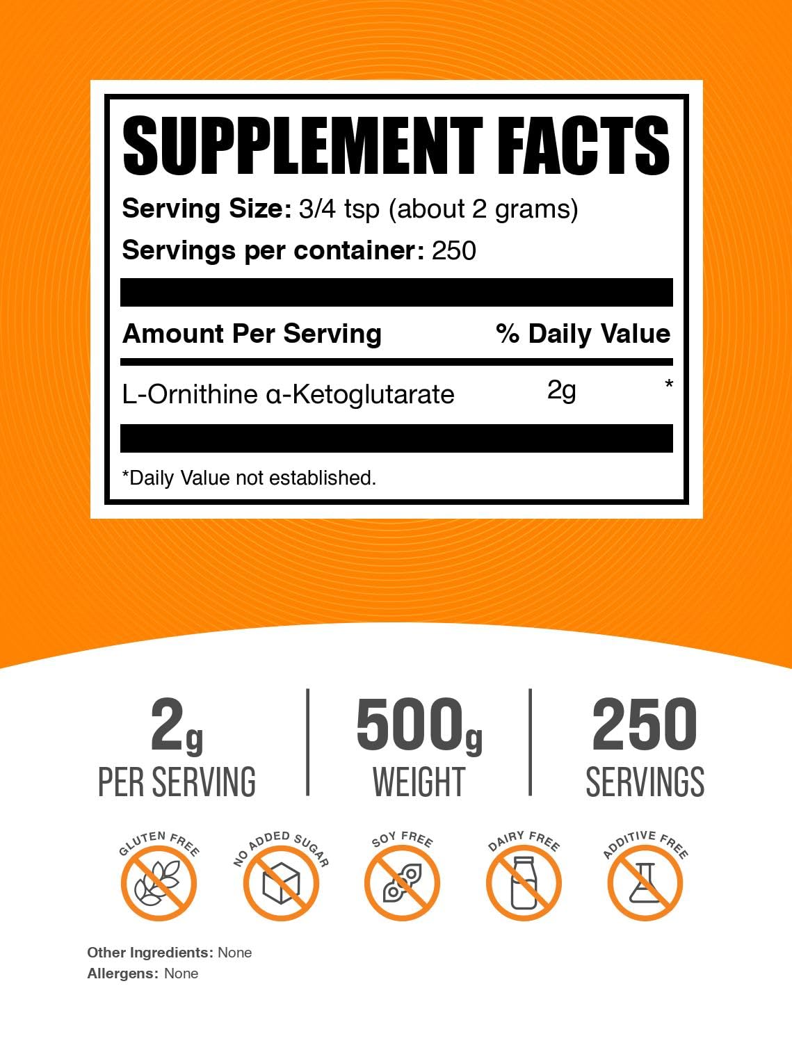 BulkSupplements OKG powder with scoop demonstrates convenient 2 g serving for workouts