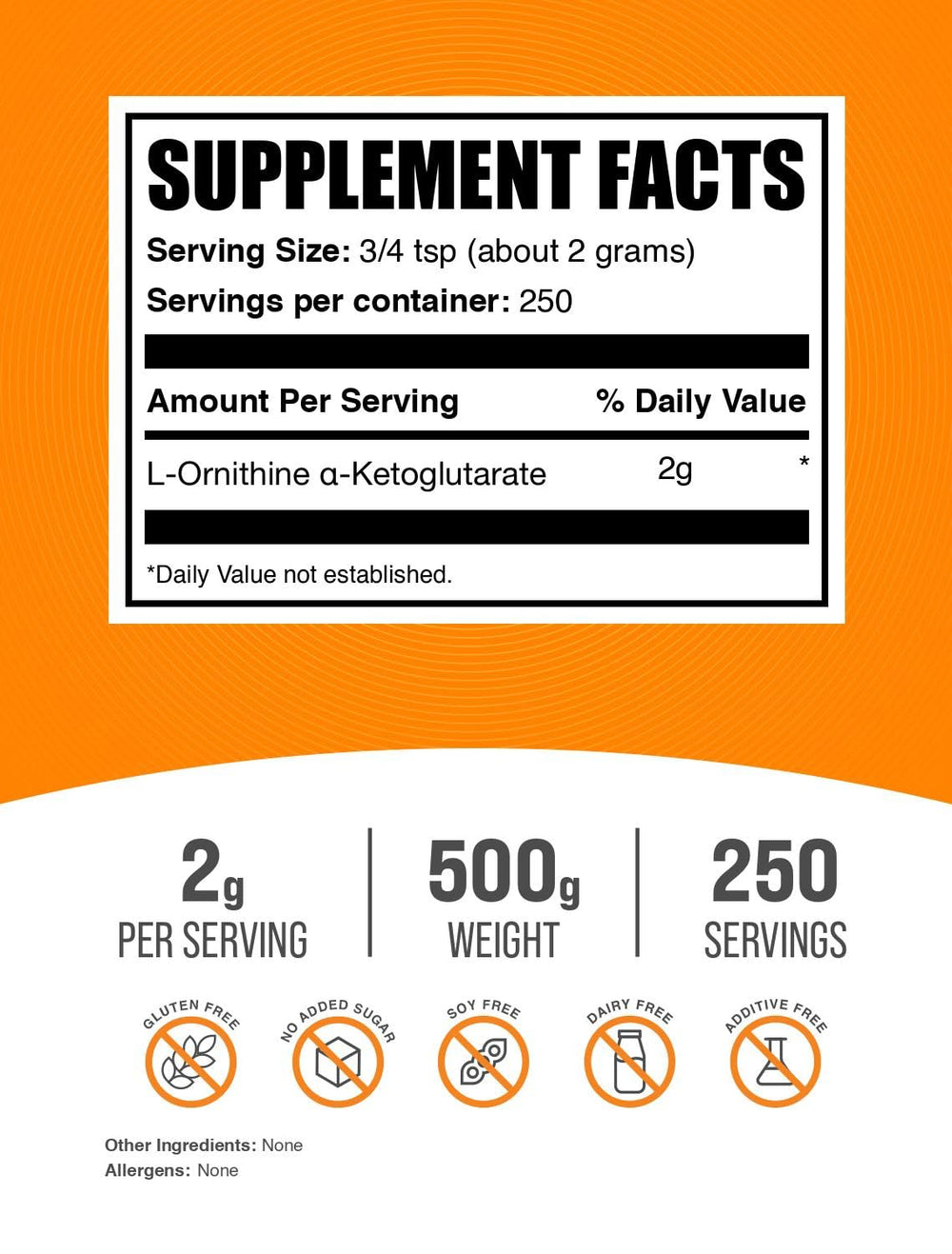 BulkSupplements OKG powder with scoop demonstrates convenient 2 g serving for workouts