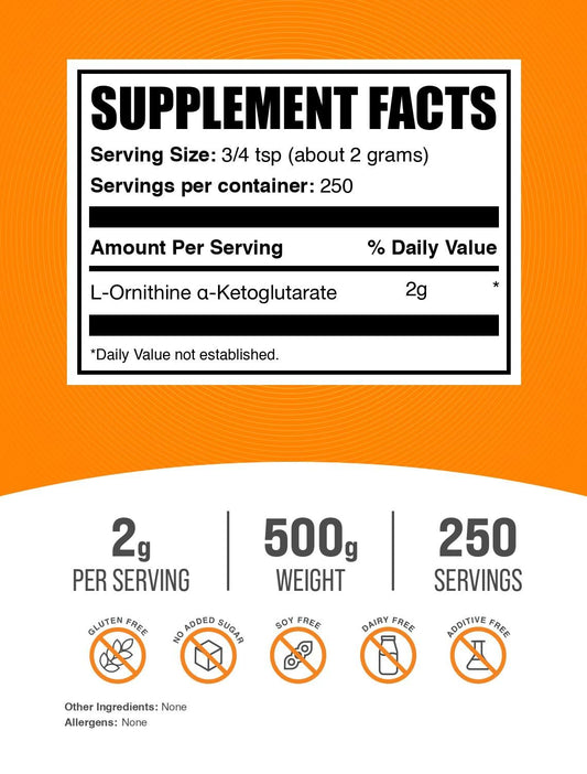 BulkSupplements OKG powder with scoop demonstrates convenient 2 g serving for workouts