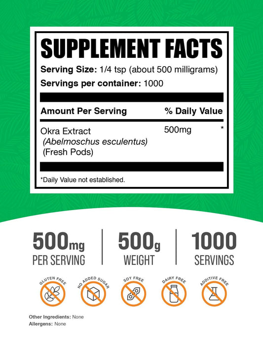 BulkSupplements Okra Extract Powder packaging on kitchen counter, convenient daily supplement option.