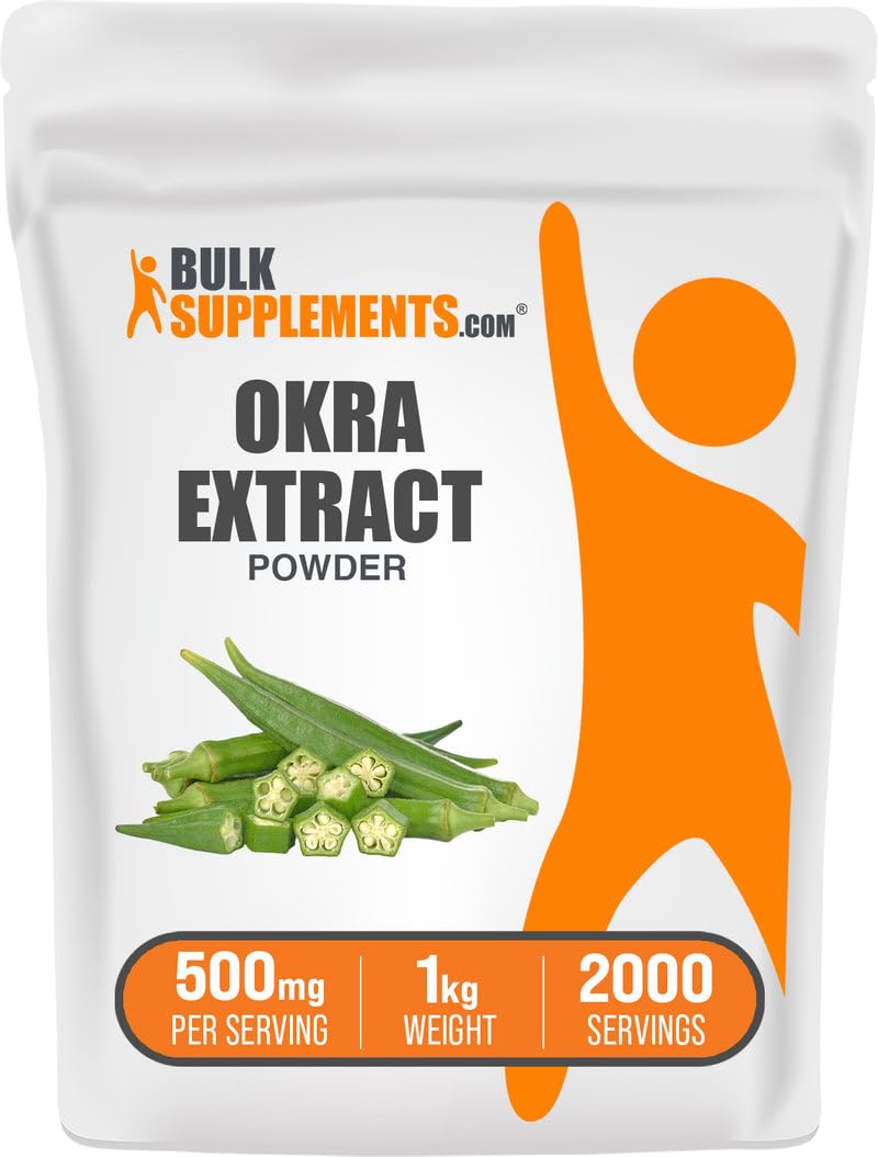 BulkSupplements Okra Extract Powder bottle showing a fiber-rich, vegan supplement for daily nutrition.