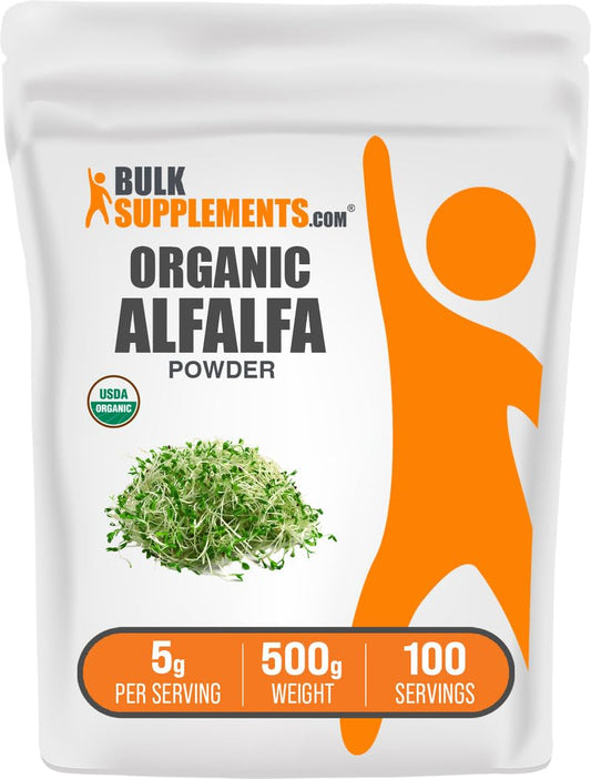 BulkSupplements Organic Alfalfa Grass Powder jar showing vegan, gluten-free formula for daily use