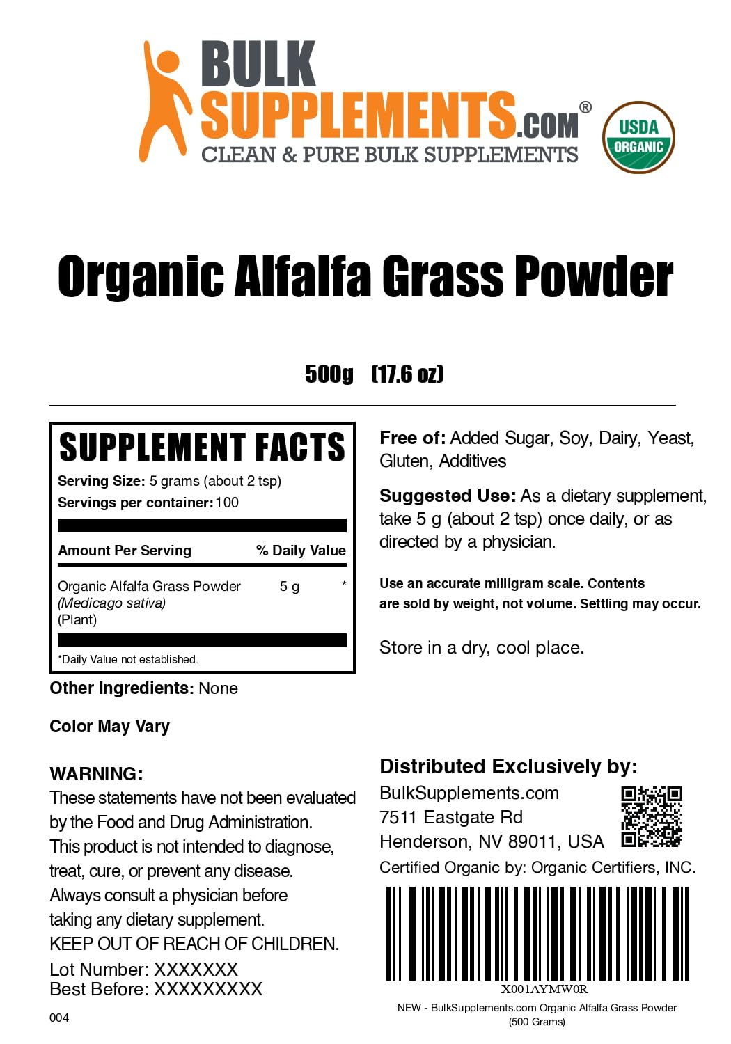 BulkSupplements Organic Alfalfa Grass Powder measuring spoon with bowl of smoothie