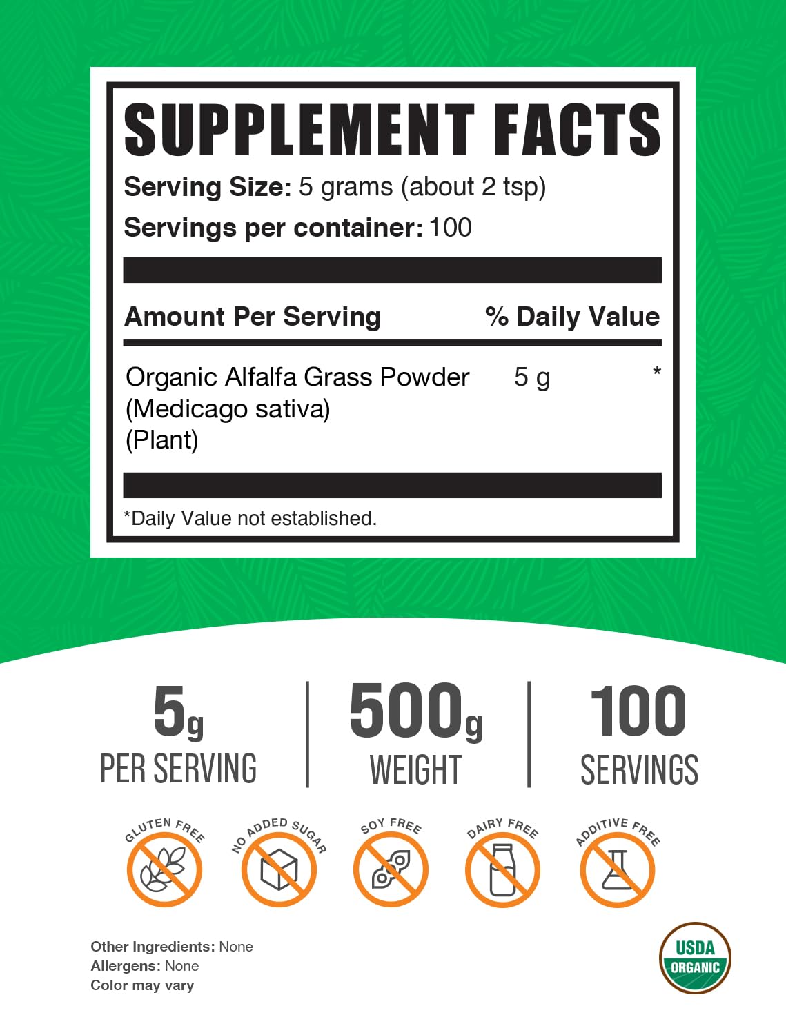 BulkSupplements Organic Alfalfa Grass Powder measuring scoop ready for quick serving