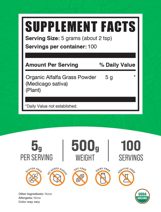 BulkSupplements Organic Alfalfa Grass Powder measuring scoop ready for quick serving