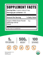 BulkSupplements Organic Alfalfa Grass Powder measuring scoop ready for quick serving