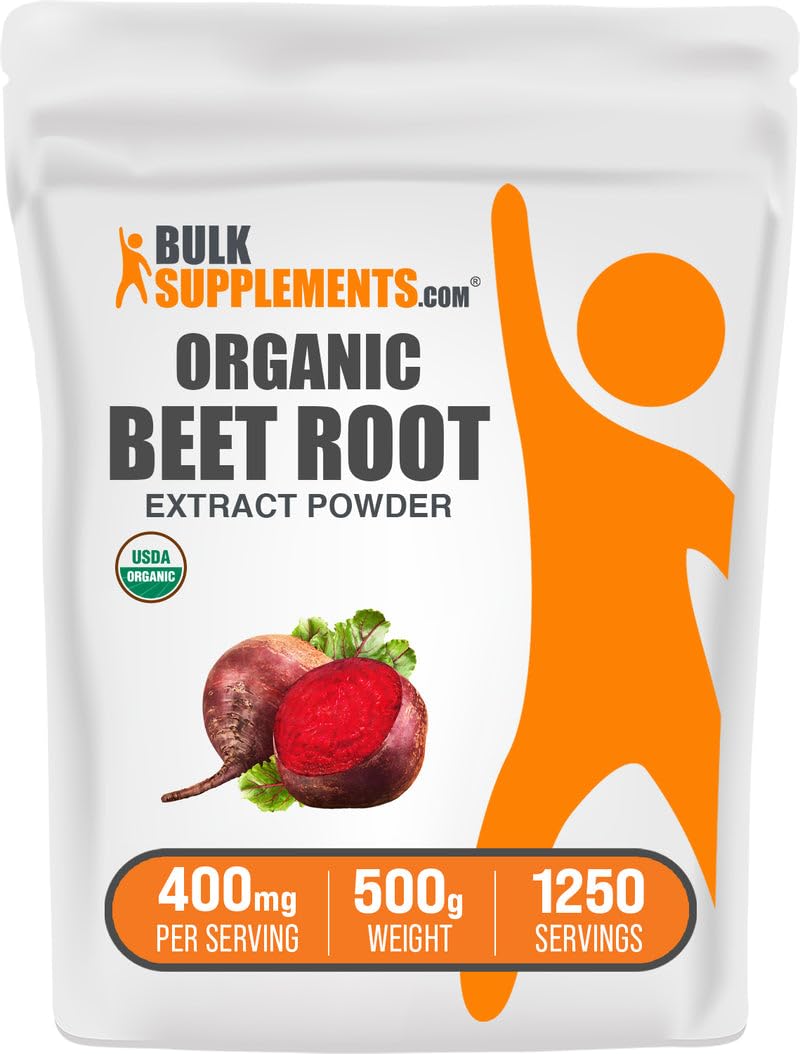 BulkSupplements Organic Beet Root Extract Powder packaging highlights vegan, gluten-free formulation.