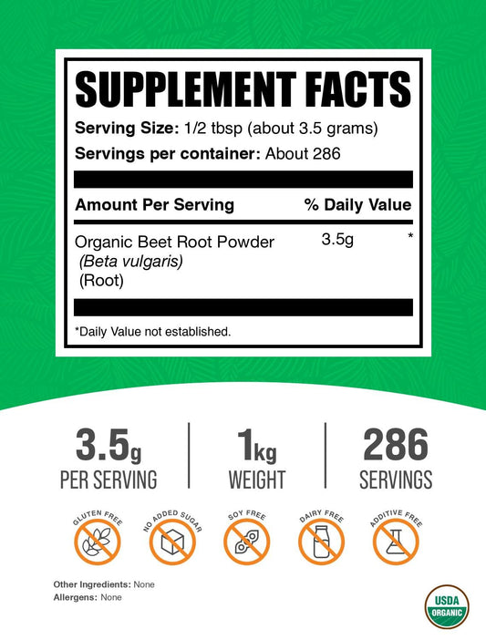 BulkSupplements Organic Beet Root Powder scoop shows convenient serving for smoothies and drinks.
