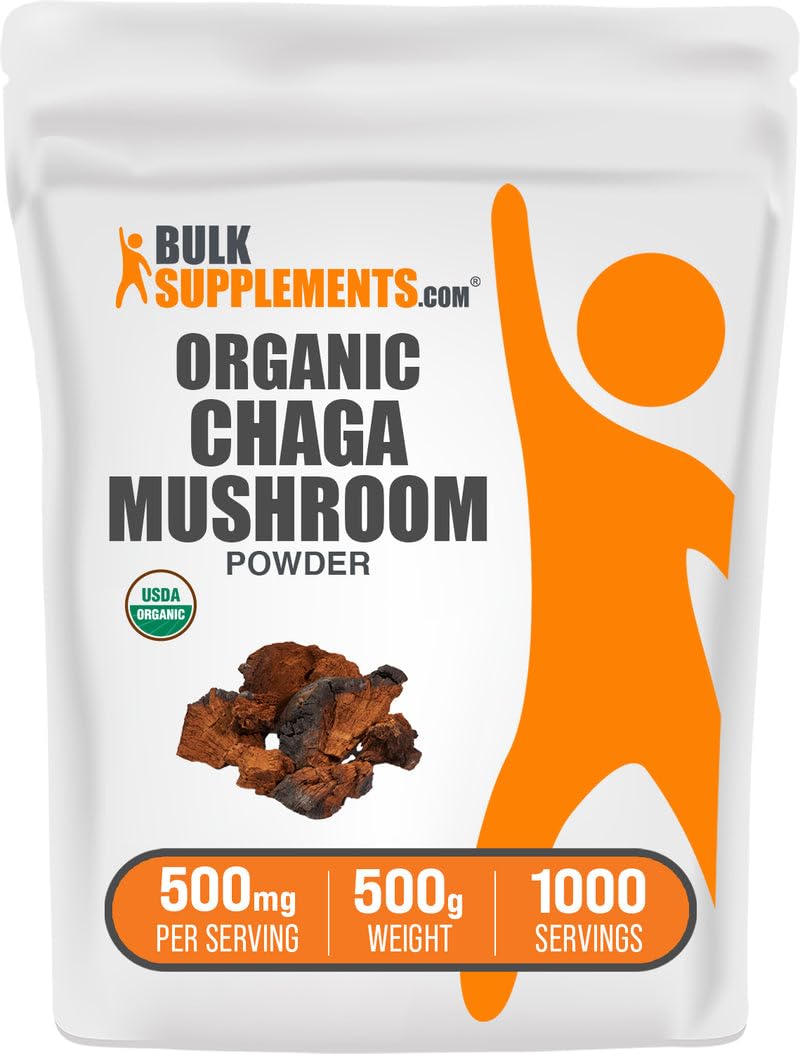 BulkSupplements Organic Chaga powder bottle close-up for vegan and gluten-free daily wellness.