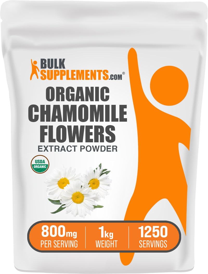 BulkSupplements Organic Chamomile Extract Powder bottle close-up for daily relaxation routine.