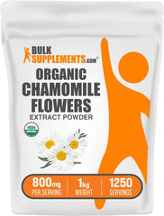 BulkSupplements Organic Chamomile Extract Powder bottle close-up for daily relaxation routine.