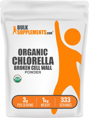BulkSupplements Organic Chlorella Powder packaging highlights quality and gluten-free labeling.