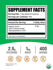 BulkSupplements Organic Inulin Powder spoon dispense for precise serving size.